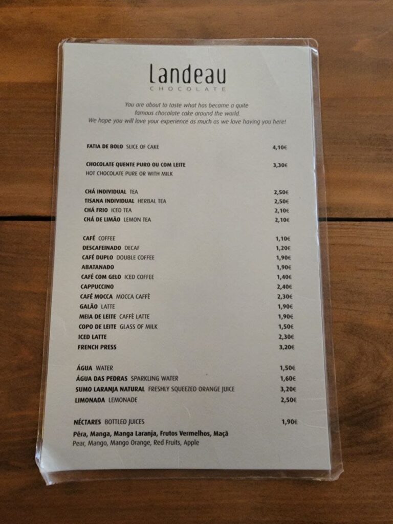 Landeau Chocolate Menu